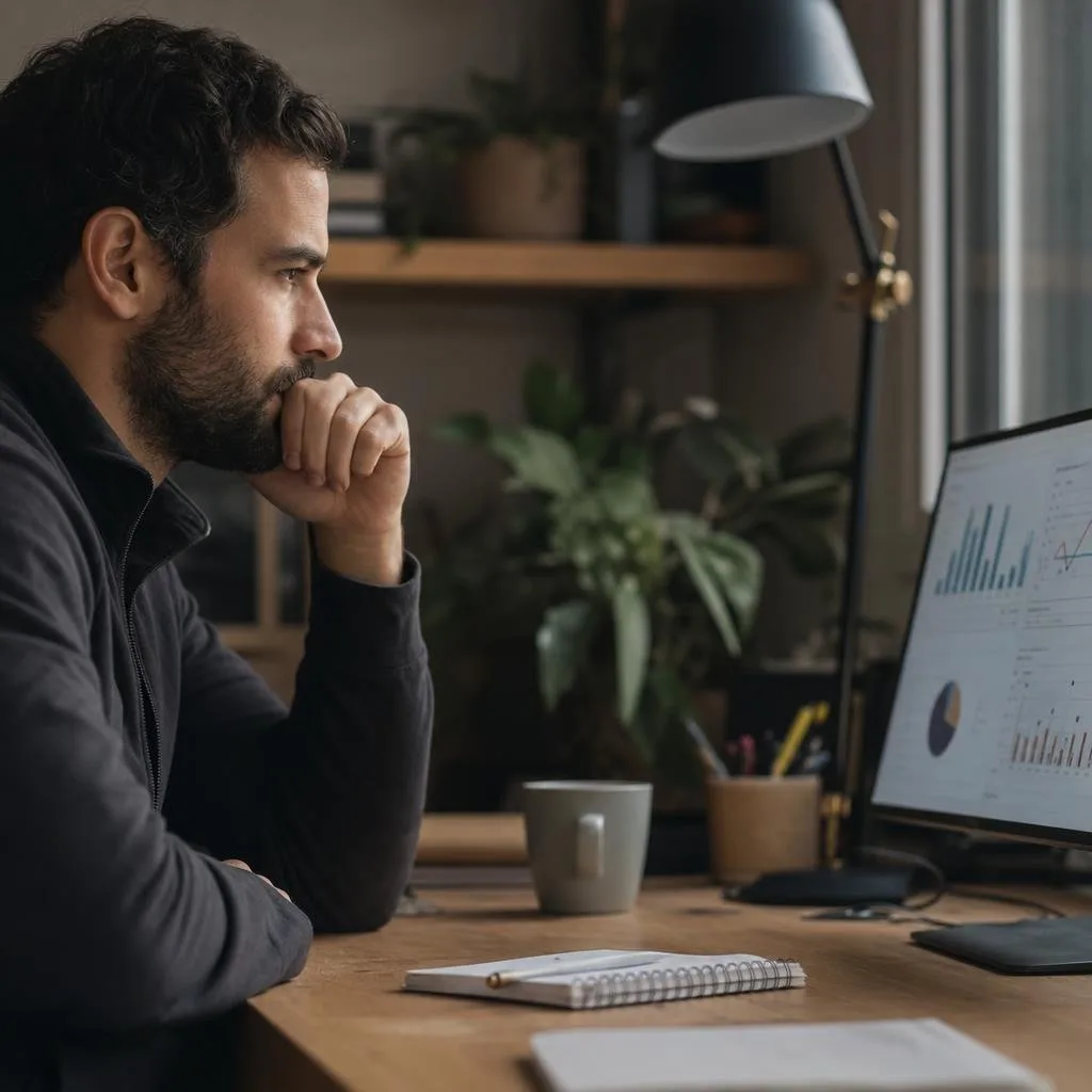 Quiet desk with laptop, notebook, and data charts